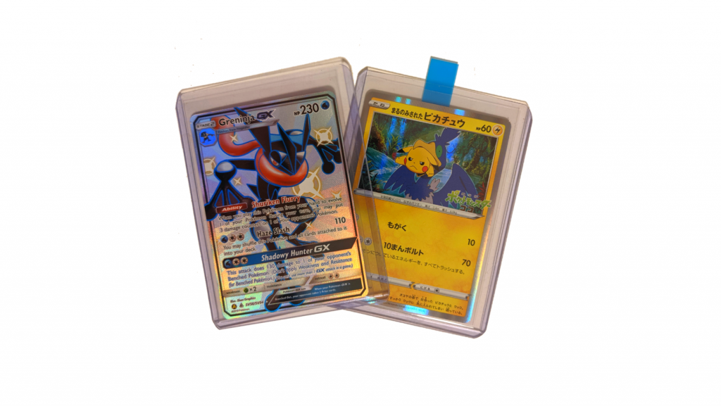 Example of modern ungraded Pokémon cards in toploader (Pikachu and Greninja). Grading will increase their value according to the guard rails.