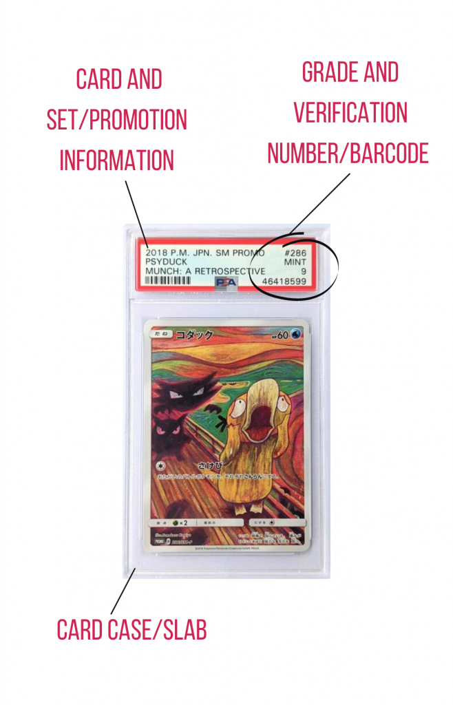 Example of a PSA graded Pokemon card. Highlighted is the label information and the case to highlight the key security features provided by PSA.